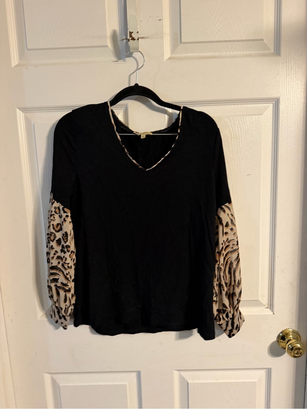 Democracy Black Top with Leopard Print Balloon Sleeves